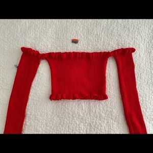 Ruffle Knit Bardot Long Sleeve Top